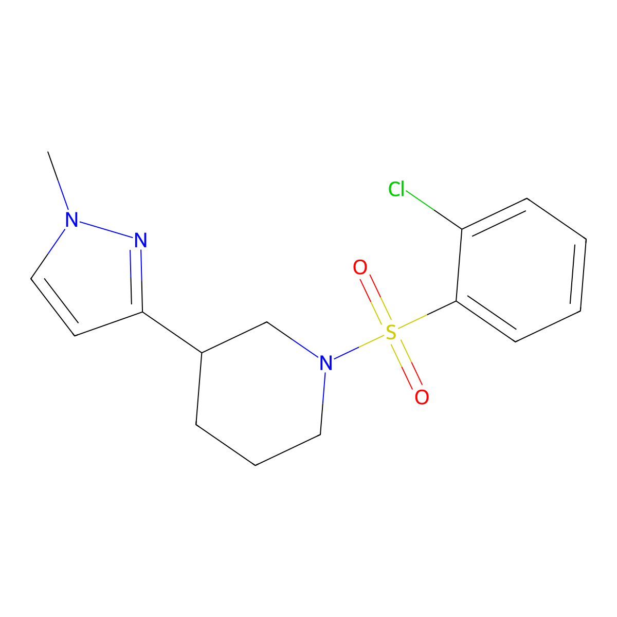 1-((2-chlorophenyl)sulfonyl)-3-(1-methyl-1H-pyrazol-3-yl)piperidine molecular structure, CAS 2034610-78-9