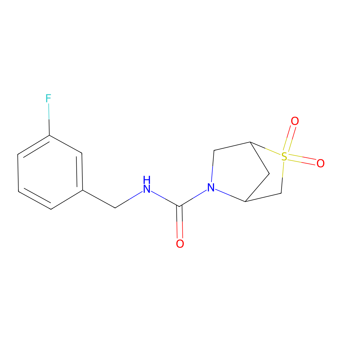 N-(3-fluorobenzyl)-2-thia-5-azabicyclo[2.2.1]heptane-5-carboxamide 2,2-dioxide molecular structure, CAS 2034610-95-0