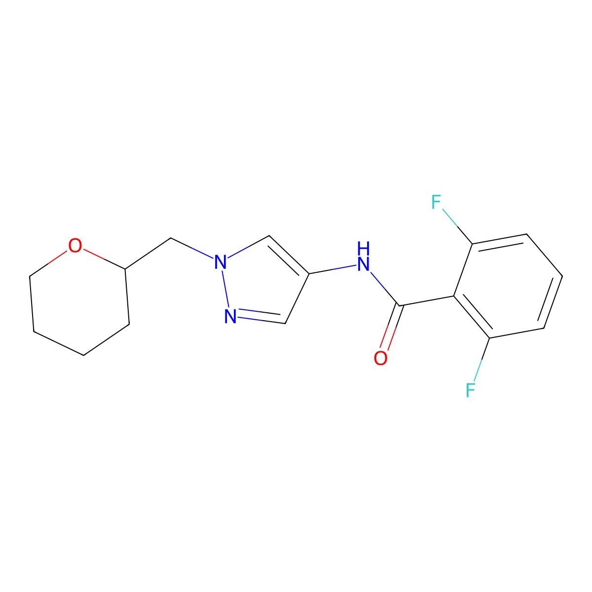 2,6-difluoro-N-(1-((tetrahydro-2H-pyran-2-yl)methyl)-1H-pyrazol-4-yl)benzamide molecular structure, CAS 2034611-24-8