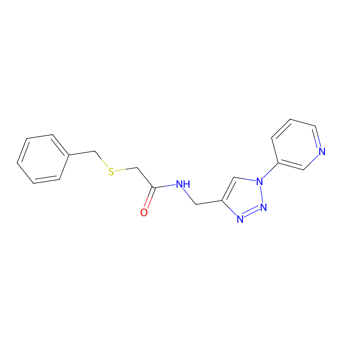 2-(benzylthio)-N-((1-(pyridin-3-yl)-1H-1,2,3-triazol-4-yl)methyl)acetamide molecular structure, CAS 2034611-31-7
