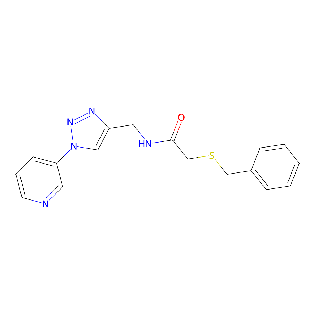 2-(benzylthio)-N-((1-(pyridin-3-yl)-1H-1,2,3-triazol-4-yl)methyl)acetamide molecular structure, CAS 2034611-31-7