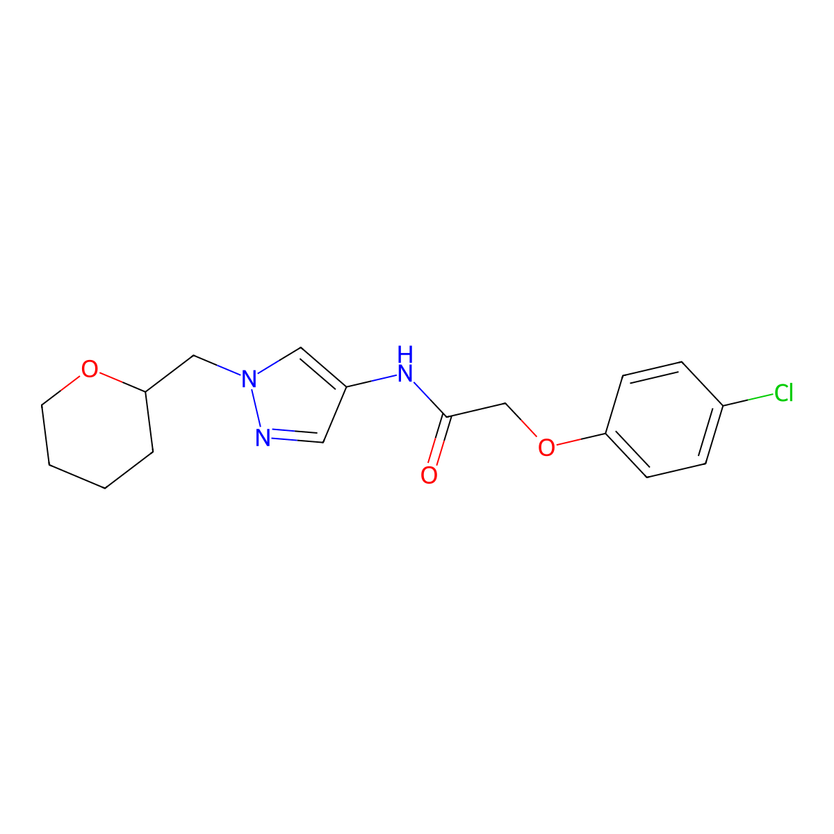 2-(4-chlorophenoxy)-N-(1-((tetrahydro-2H-pyran-2-yl)methyl)-1H-pyrazol-4-yl)acetamide molecular structure, CAS 2034611-56-6