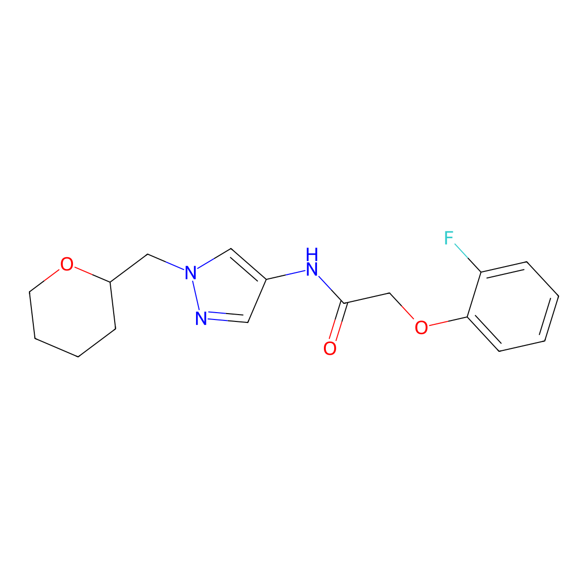 2-(2-fluorophenoxy)-N-(1-((tetrahydro-2H-pyran-2-yl)methyl)-1H-pyrazol-4-yl)acetamide molecular structure, CAS 2034611-64-6