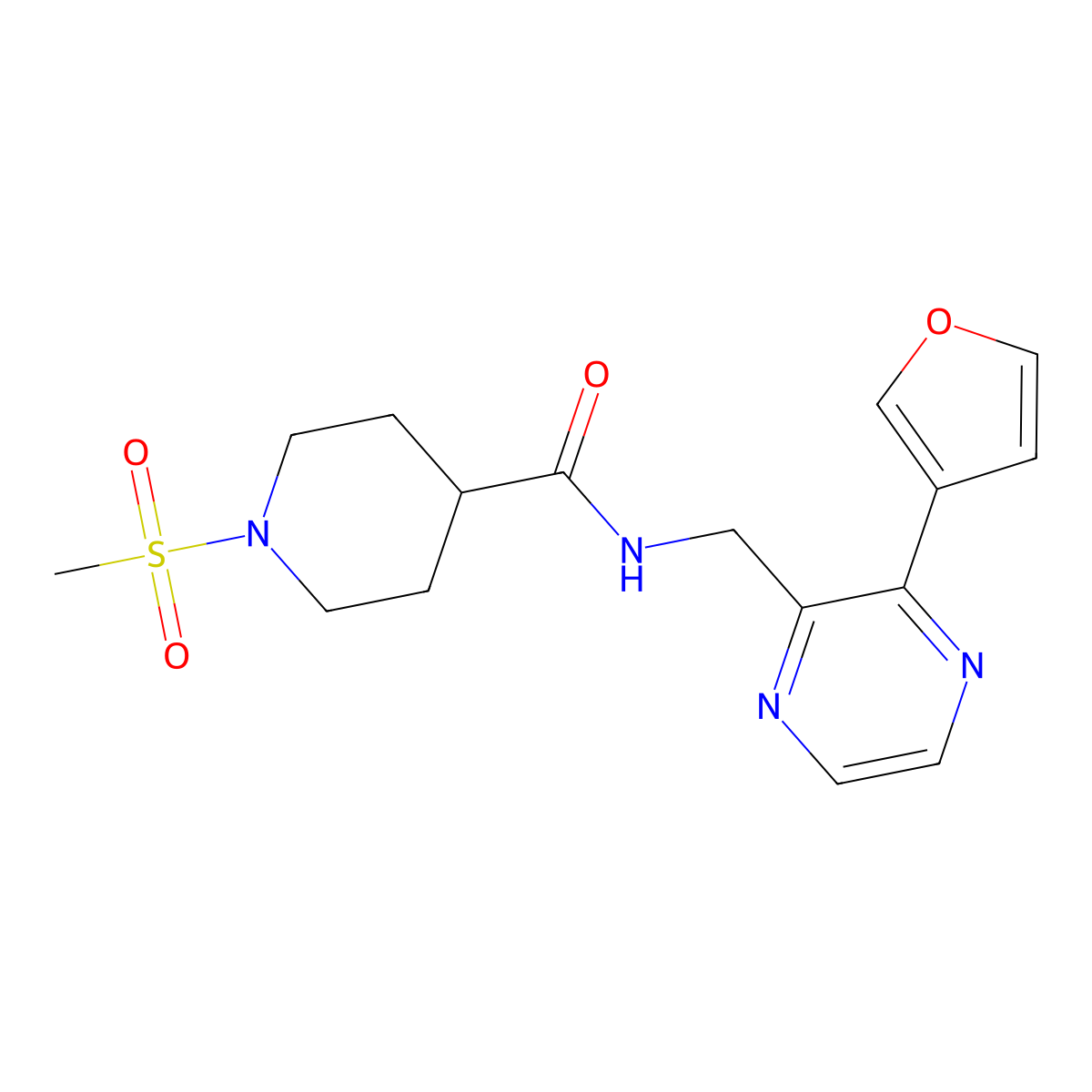 N-((3-(furan-3-yl)pyrazin-2-yl)methyl)-1-(methylsulfonyl)piperidine-4-carboxamide molecular structure, CAS 2034611-86-2