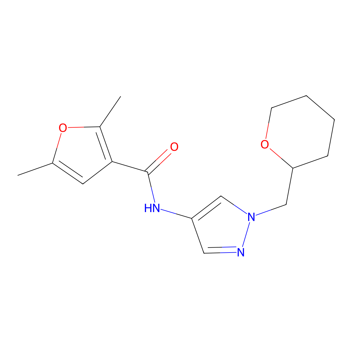 2,5-dimethyl-N-(1-((tetrahydro-2H-pyran-2-yl)methyl)-1H-pyrazol-4-yl)furan-3-carboxamide molecular structure, CAS 2034611-87-3