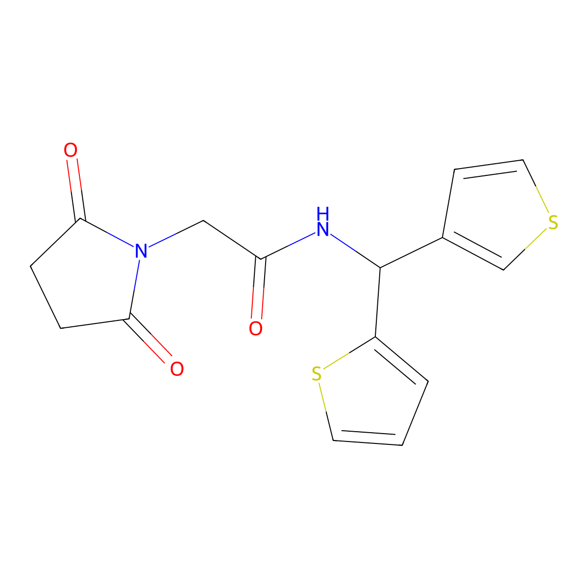 2-(2,5-dioxopyrrolidin-1-yl)-N-(thiophen-2-yl(thiophen-3-yl)methyl)acetamide molecular structure, CAS 2034611-92-0