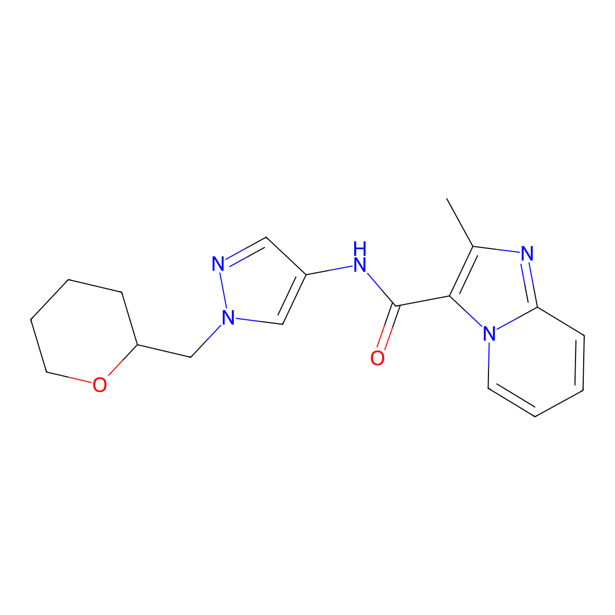 2-methyl-N-(1-((tetrahydro-2H-pyran-2-yl)methyl)-1H-pyrazol-4-yl)imidazo[1,2-a]pyridine-3-carboxamide molecular structure, CAS 2034612-02-5