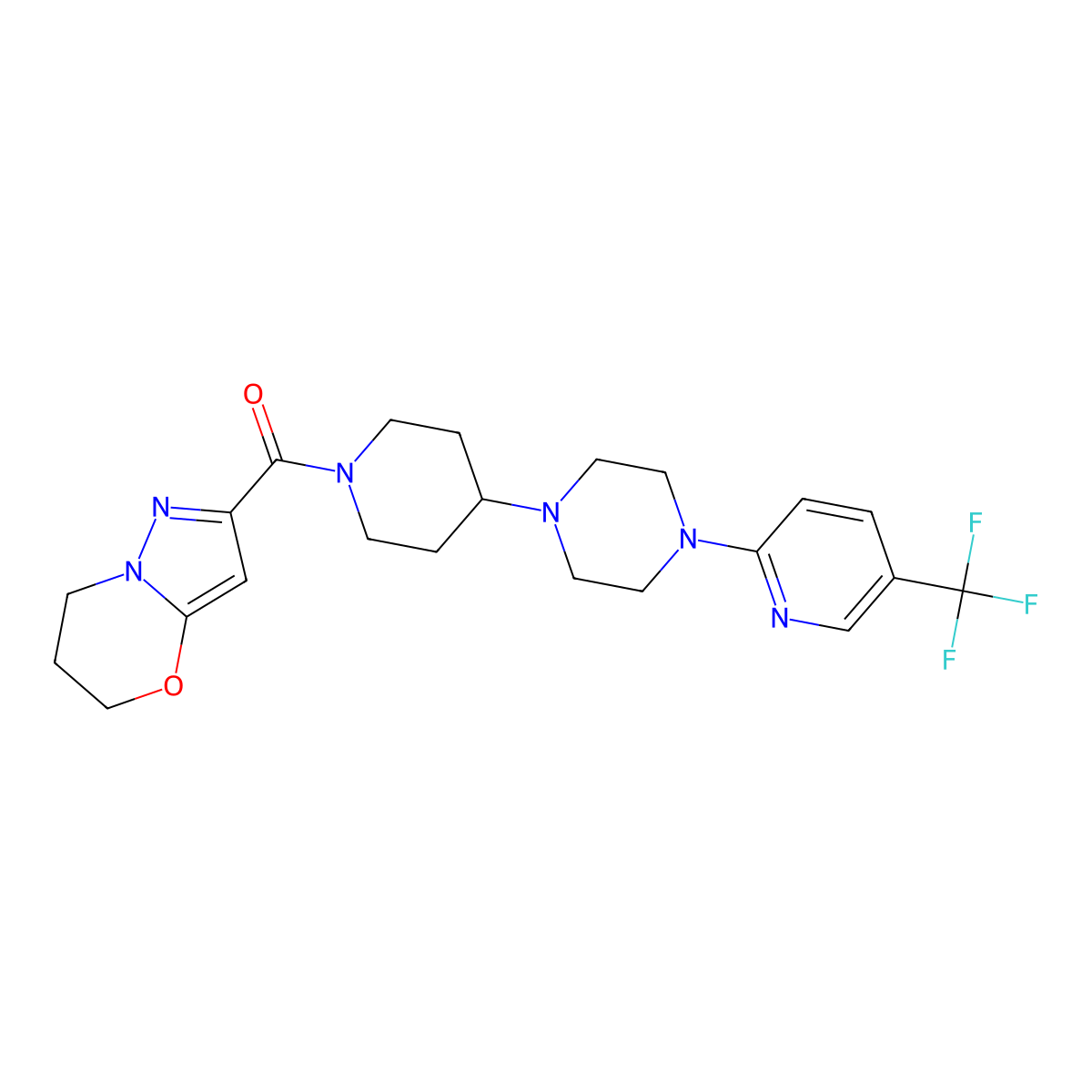 (6,7-dihydro-5H-pyrazolo[5,1-b][1,3]oxazin-2-yl)(4-(4-(5-(trifluoromethyl)pyridin-2-yl)piperazin-1-yl)piperidin-1-yl)methanone molecular structure, CAS 2034612-08-1