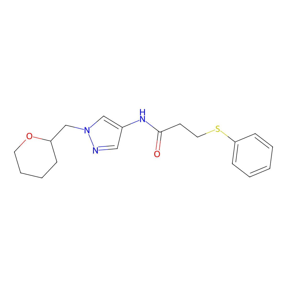 3-(phenylthio)-N-(1-((tetrahydro-2H-pyran-2-yl)methyl)-1H-pyrazol-4-yl)propanamide molecular structure, CAS 2034612-09-2