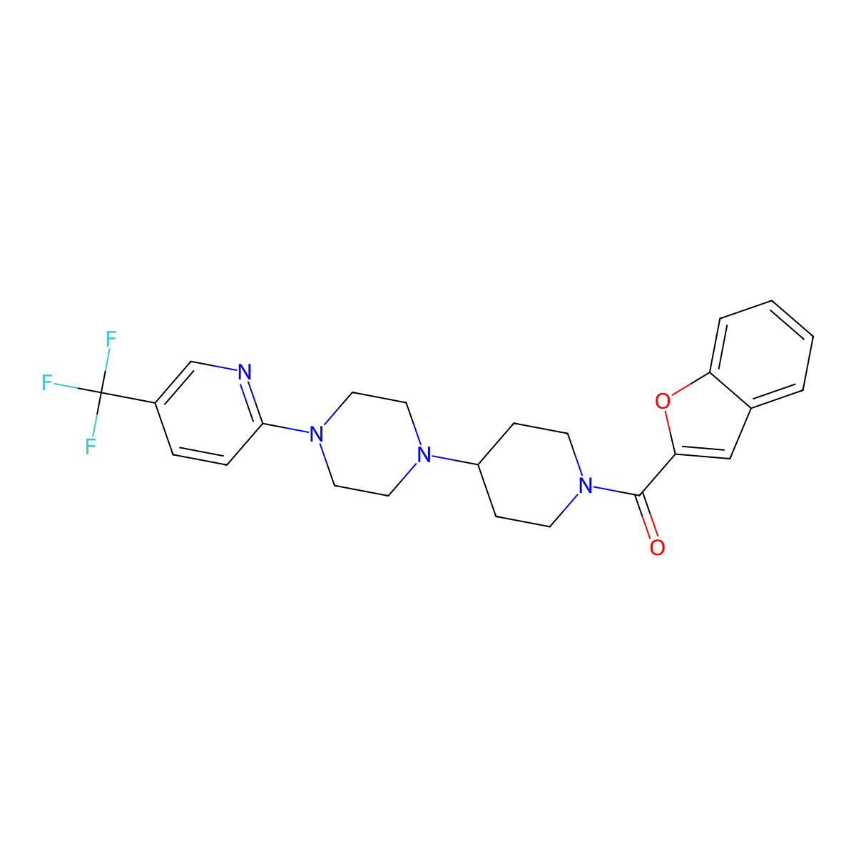 Benzofuran-2-yl(4-(4-(5-(trifluoromethyl)pyridin-2-yl)piperazin-1-yl)piperidin-1-yl)methanone molecular structure, CAS 2034612-11-6