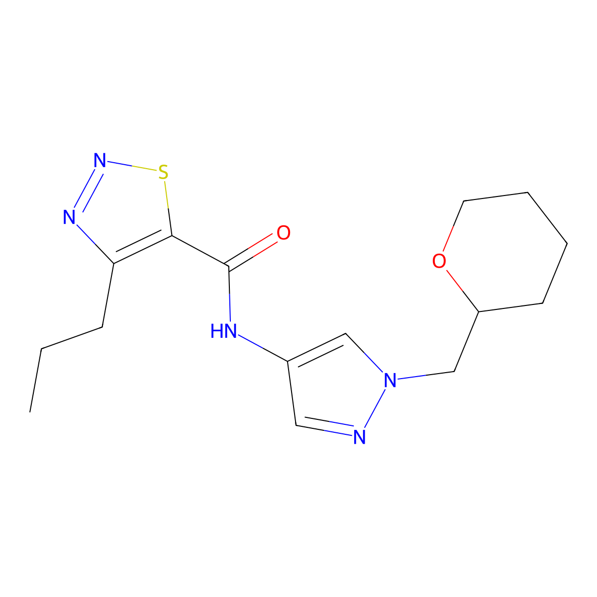 4-propyl-N-(1-((tetrahydro-2H-pyran-2-yl)methyl)-1H-pyrazol-4-yl)-1,2,3-thiadiazole-5-carboxamide molecular structure, CAS 2034612-15-0