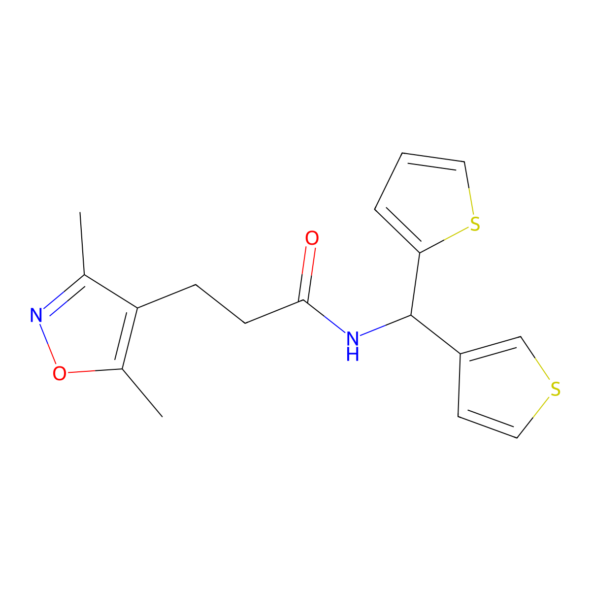 3-(3,5-dimethylisoxazol-4-yl)-N-(thiophen-2-yl(thiophen-3-yl)methyl)propanamide molecular structure, CAS 2034612-16-1