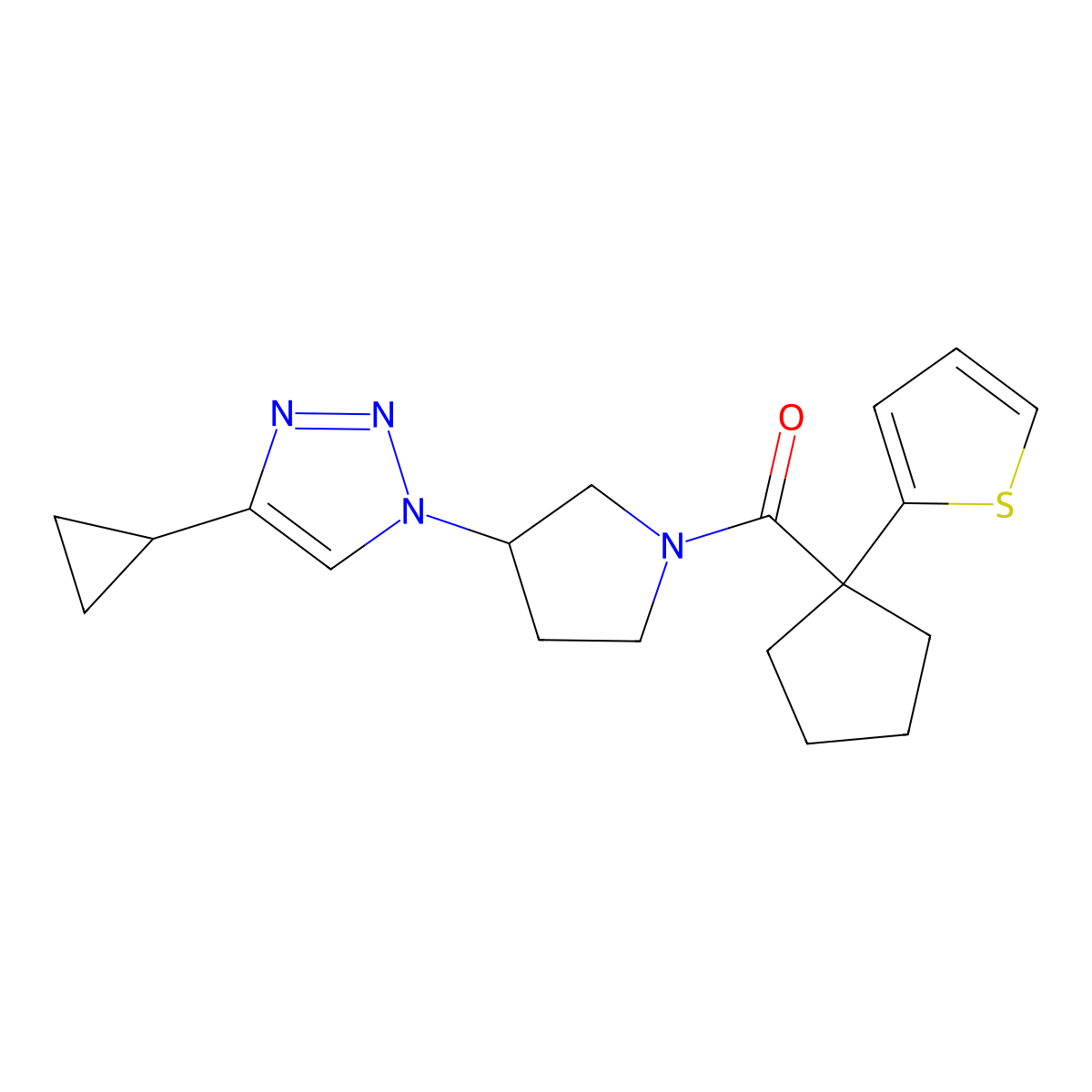 (3-(4-cyclopropyl-1H-1,2,3-triazol-1-yl)pyrrolidin-1-yl)(1-(thiophen-2-yl)cyclopentyl)methanone molecular structure, CAS 2034612-21-8