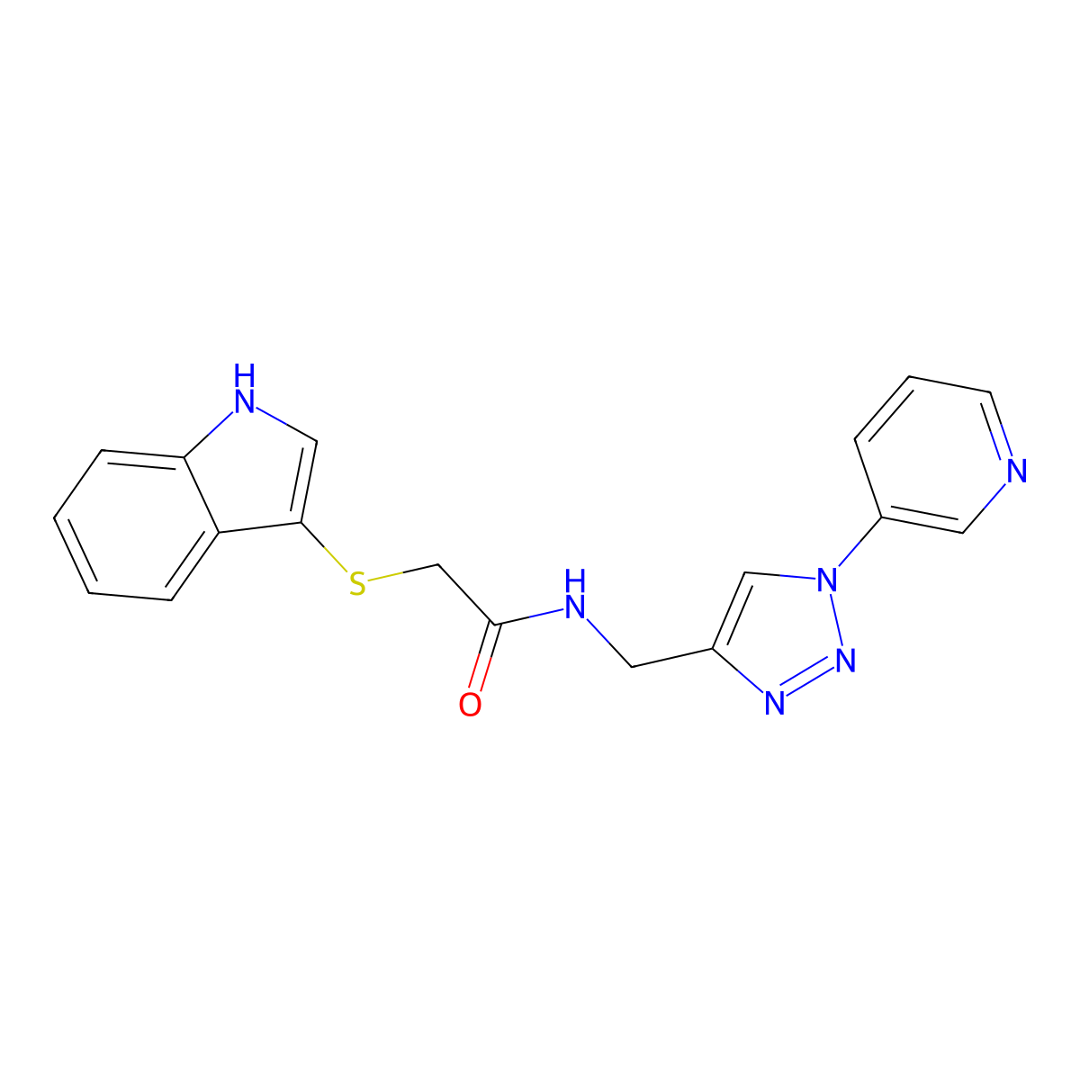 2-((1H-indol-3-yl)thio)-N-((1-(pyridin-3-yl)-1H-1,2,3-triazol-4-yl)methyl)acetamide molecular structure, CAS 2034612-23-0