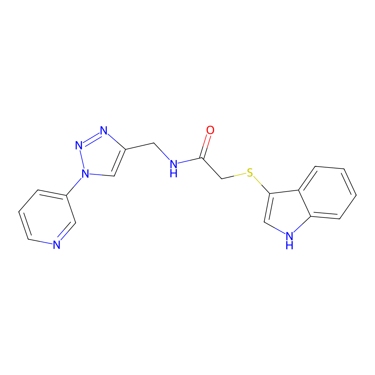 2-((1H-indol-3-yl)thio)-N-((1-(pyridin-3-yl)-1H-1,2,3-triazol-4-yl)methyl)acetamide molecular structure, CAS 2034612-23-0
