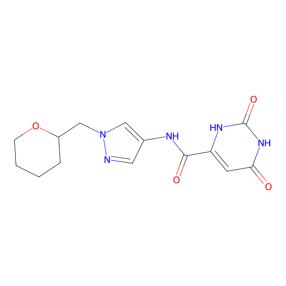 2,6-dioxo-N-(1-((tetrahydro-2H-pyran-2-yl)methyl)-1H-pyrazol-4-yl)-1,2,3,6-tetrahydropyrimidine-4-carboxamide molecular structure, CAS 2034612-32-1