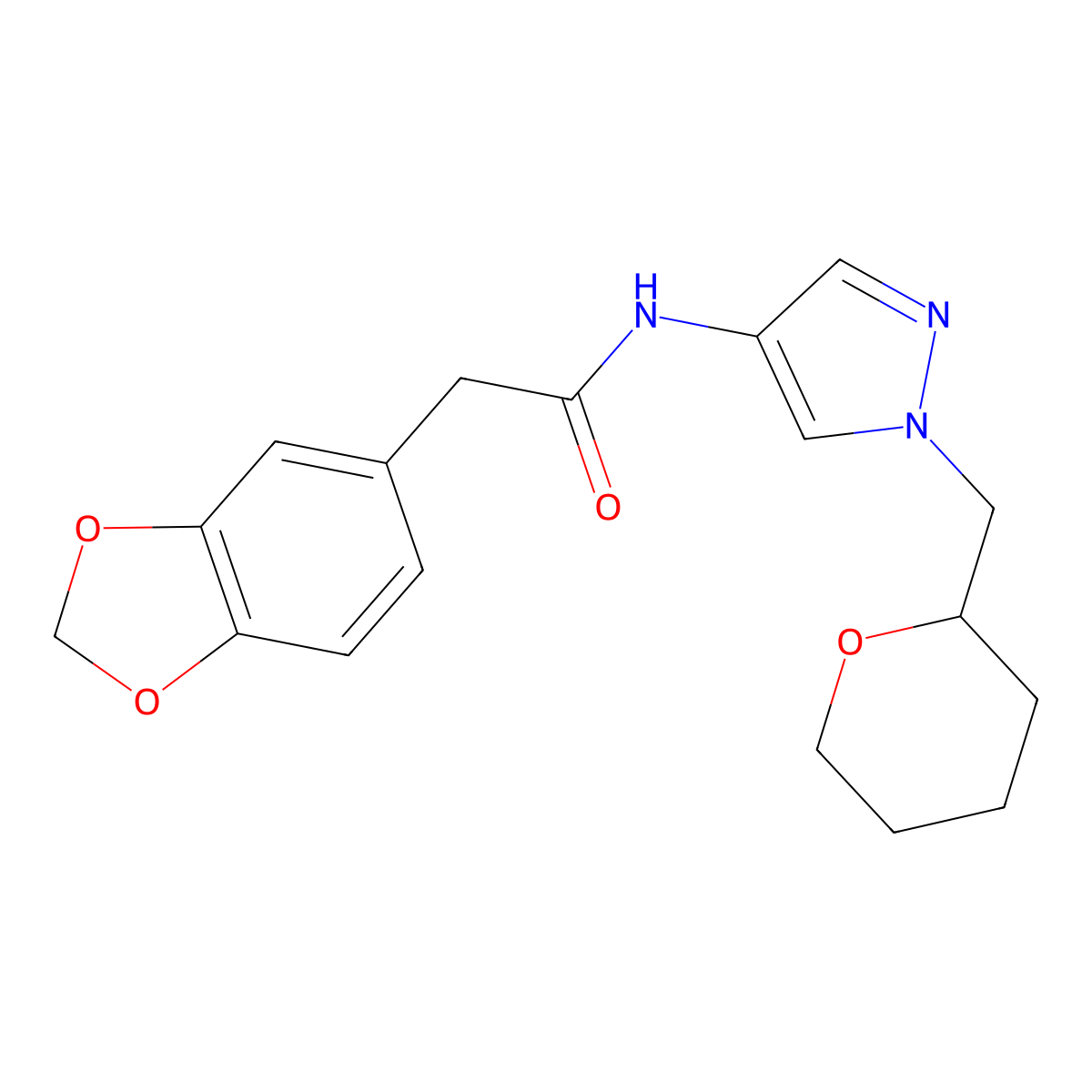 2-(benzo[d][1,3]dioxol-5-yl)-N-(1-((tetrahydro-2H-pyran-2-yl)methyl)-1H-pyrazol-4-yl)acetamide molecular structure, CAS 2034612-41-2