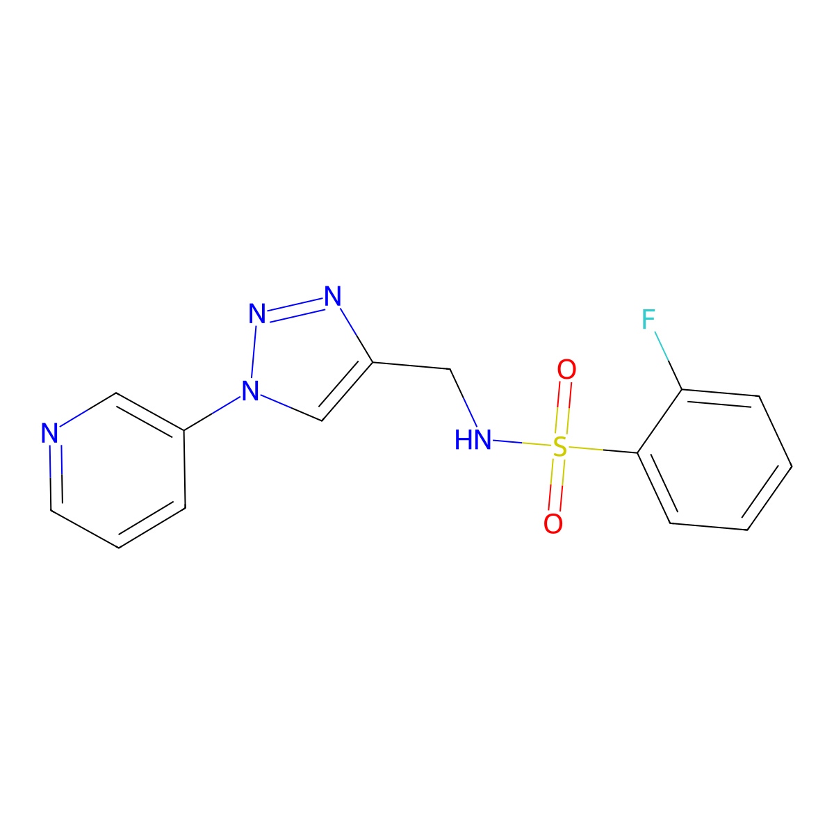 2-fluoro-N-((1-(pyridin-3-yl)-1H-1,2,3-triazol-4-yl)methyl)benzenesulfonamide molecular structure, CAS 2034612-44-5