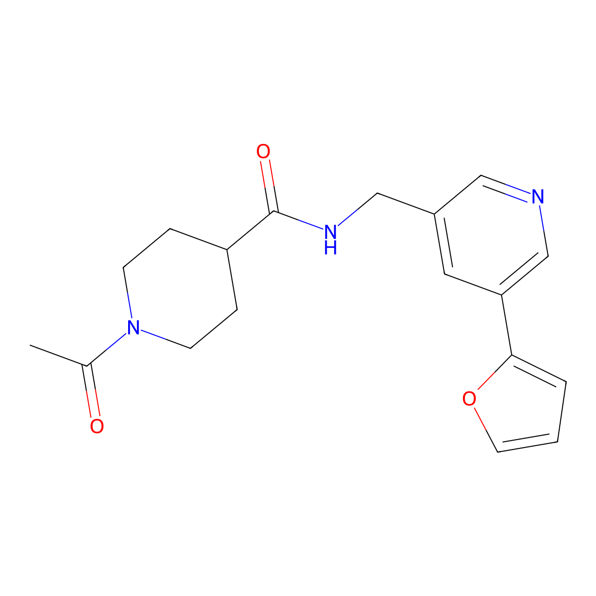 1-acetyl-N-{[5-(furan-2-yl)pyridin-3-yl]methyl}piperidine-4-carboxamide molecular structure, CAS 2034612-46-7