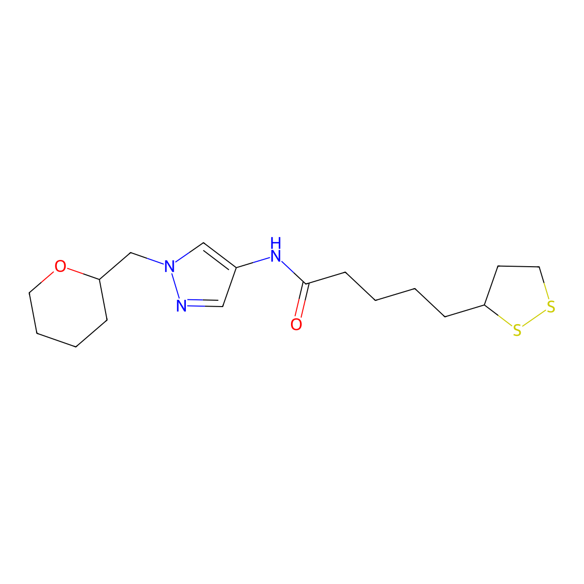 5-(1,2-dithiolan-3-yl)-N-(1-((tetrahydro-2H-pyran-2-yl)methyl)-1H-pyrazol-4-yl)pentanamide molecular structure, CAS 2034612-50-3