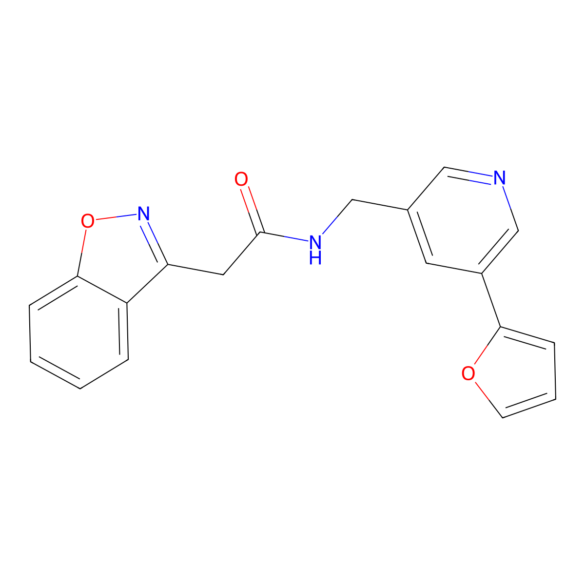 2-(benzo[d]isoxazol-3-yl)-N-((5-(furan-2-yl)pyridin-3-yl)methyl)acetamide molecular structure, CAS 2034612-53-6