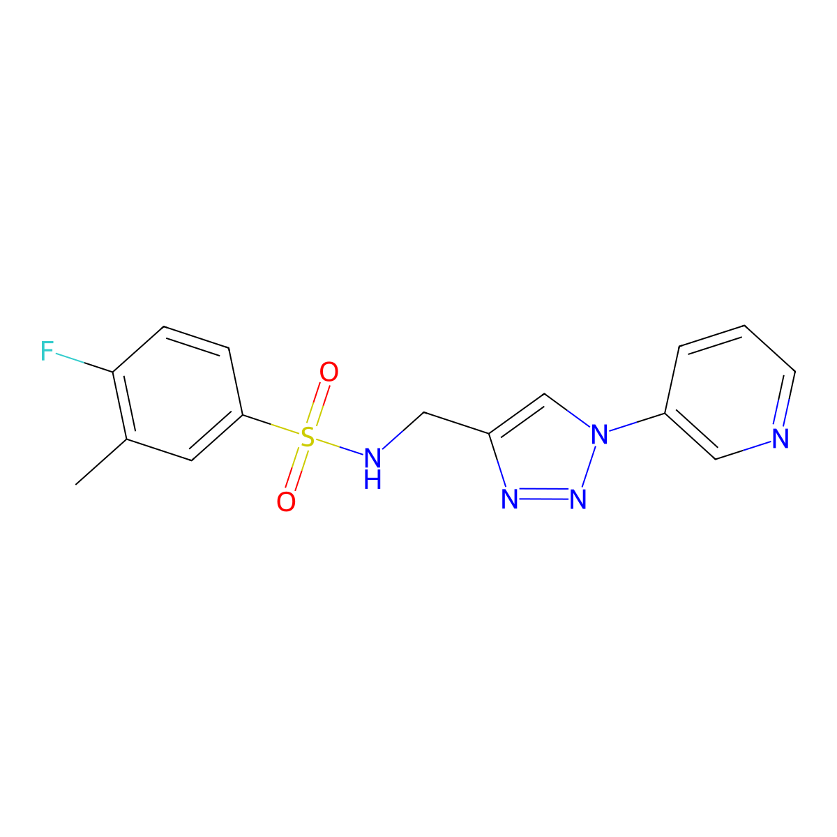 4-fluoro-3-methyl-N-((1-(pyridin-3-yl)-1H-1,2,3-triazol-4-yl)methyl)benzenesulfonamide molecular structure, CAS 2034612-56-9