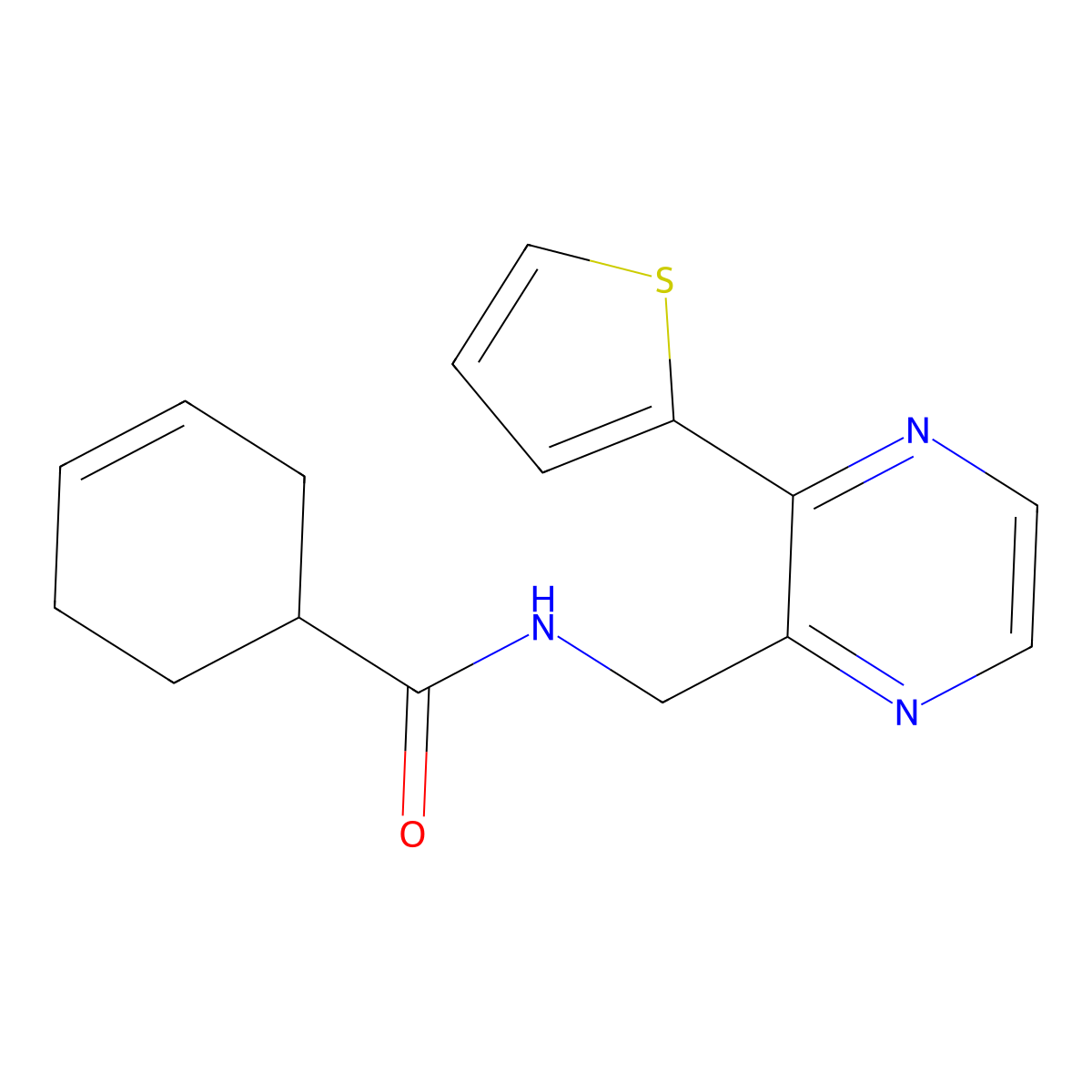 N-((3-(thiophen-2-yl)pyrazin-2-yl)methyl)cyclohex-3-enecarboxamide molecular structure, CAS 2034612-57-0
