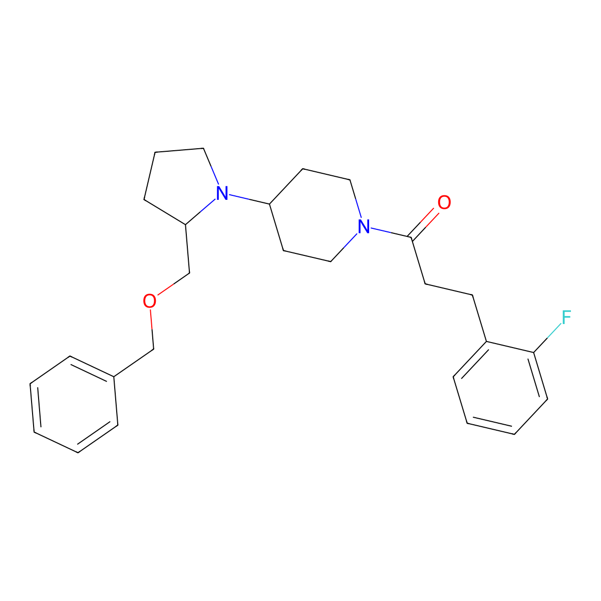 1-(4-(2-((Benzyloxy)methyl)pyrrolidin-1-yl)piperidin-1-yl)-3-(2-fluorophenyl)propan-1-one molecular structure, CAS 2034612-58-1