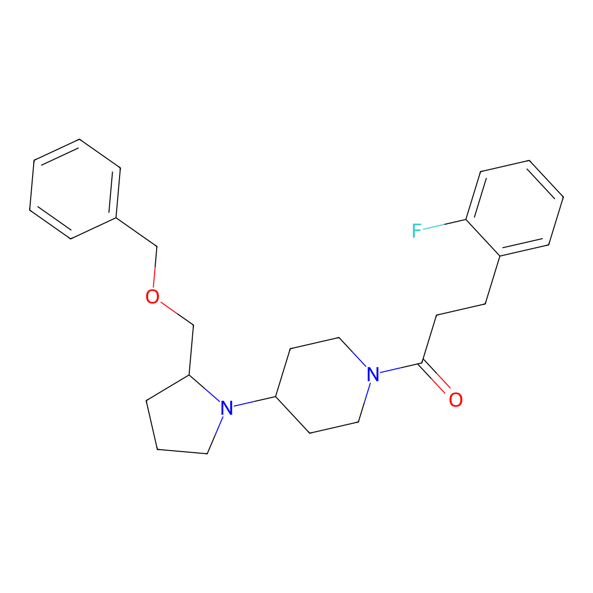 1-(4-(2-((Benzyloxy)methyl)pyrrolidin-1-yl)piperidin-1-yl)-3-(2-fluorophenyl)propan-1-one molecular structure, CAS 2034612-58-1