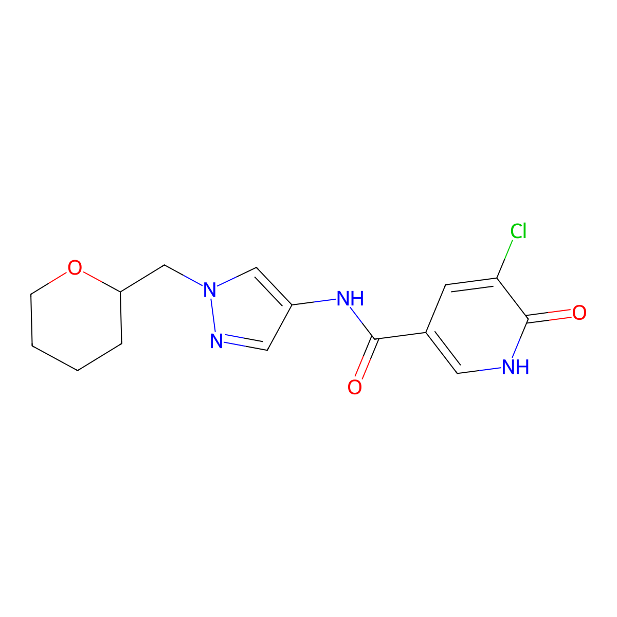 5-chloro-6-hydroxy-N-(1-((tetrahydro-2H-pyran-2-yl)methyl)-1H-pyrazol-4-yl)nicotinamide molecular structure, CAS 2034612-60-5