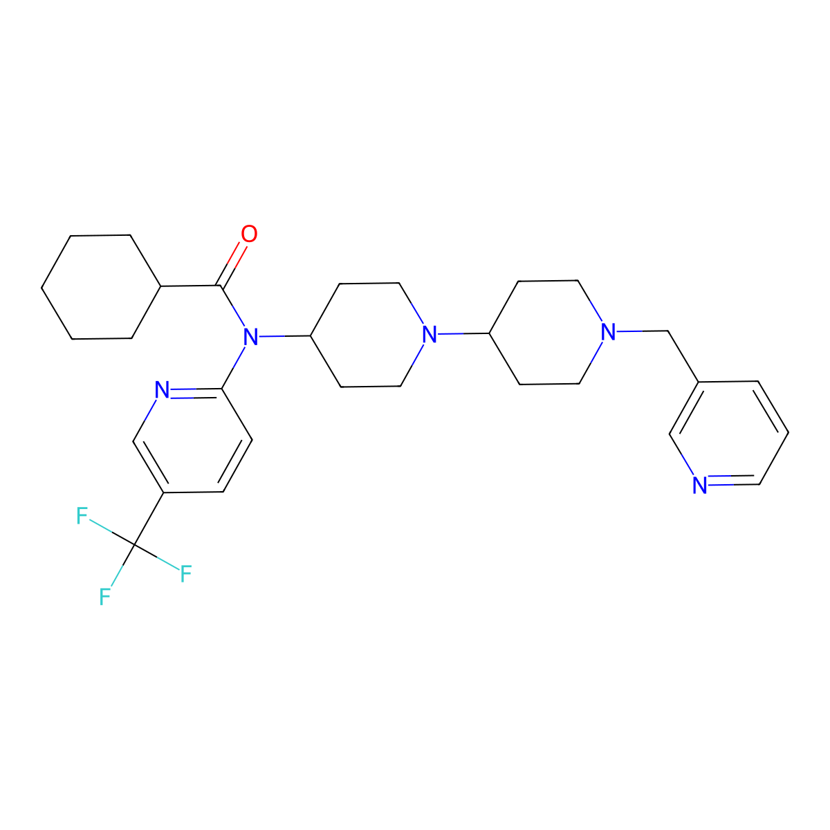 N-{1'-[(pyridin-3-yl)methyl]-[1,4'-bipiperidine]-4-yl}-N-[5-(trifluoromethyl)pyridin-2-yl]cyclohexanecarboxamide molecular structure, CAS 2034612-65-0