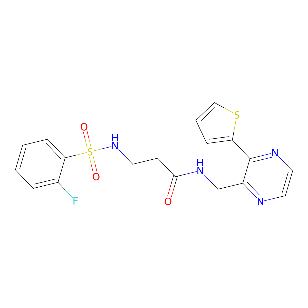 3-(2-fluorophenylsulfonamido)-N-((3-(thiophen-2-yl)pyrazin-2-yl)methyl)propanamide molecular structure, CAS 2034612-70-7