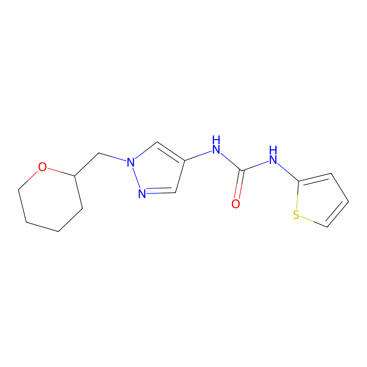 1-(1-((tetrahydro-2H-pyran-2-yl)methyl)-1H-pyrazol-4-yl)-3-(thiophen-2-yl)urea molecular structure, CAS 2034612-79-6