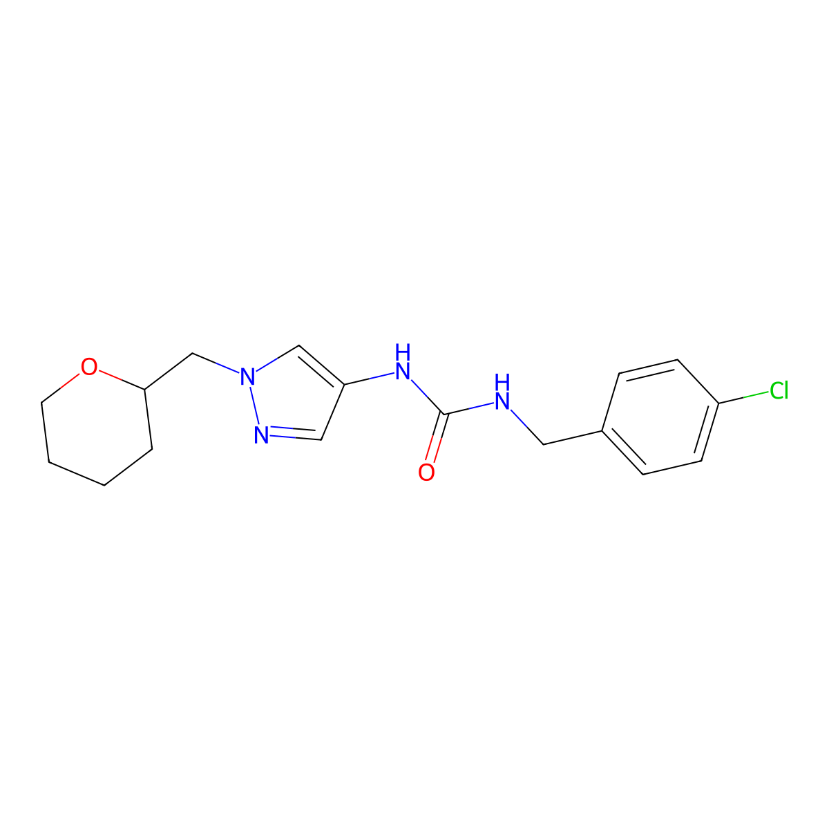 1-(4-chlorobenzyl)-3-(1-((tetrahydro-2H-pyran-2-yl)methyl)-1H-pyrazol-4-yl)urea molecular structure, CAS 2034612-87-6