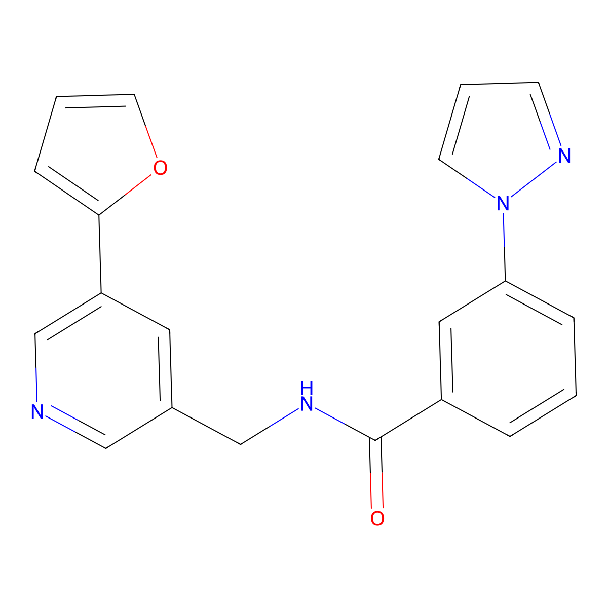 N-((5-(furan-2-yl)pyridin-3-yl)methyl)-3-(1H-pyrazol-1-yl)benzamide molecular structure, CAS 2034612-93-4