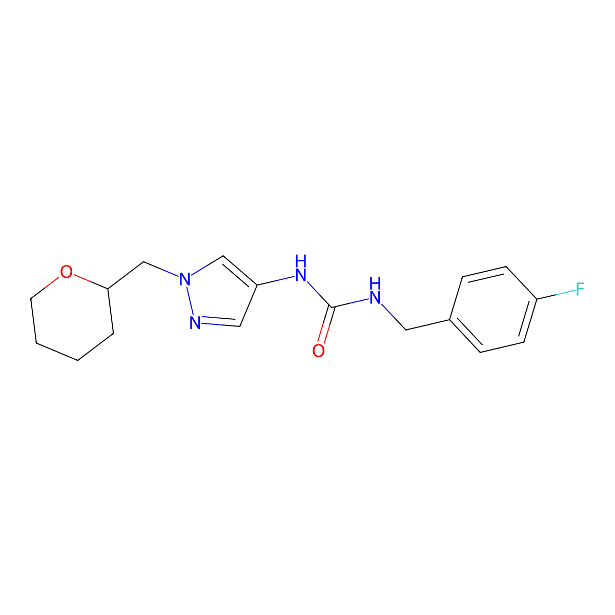 1-(4-fluorobenzyl)-3-(1-((tetrahydro-2H-pyran-2-yl)methyl)-1H-pyrazol-4-yl)urea molecular structure, CAS 2034612-94-5