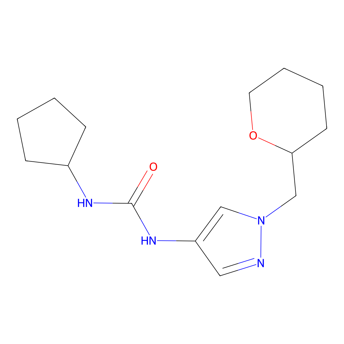 1-cyclopentyl-3-(1-((tetrahydro-2H-pyran-2-yl)methyl)-1H-pyrazol-4-yl)urea molecular structure, CAS 2034612-99-0