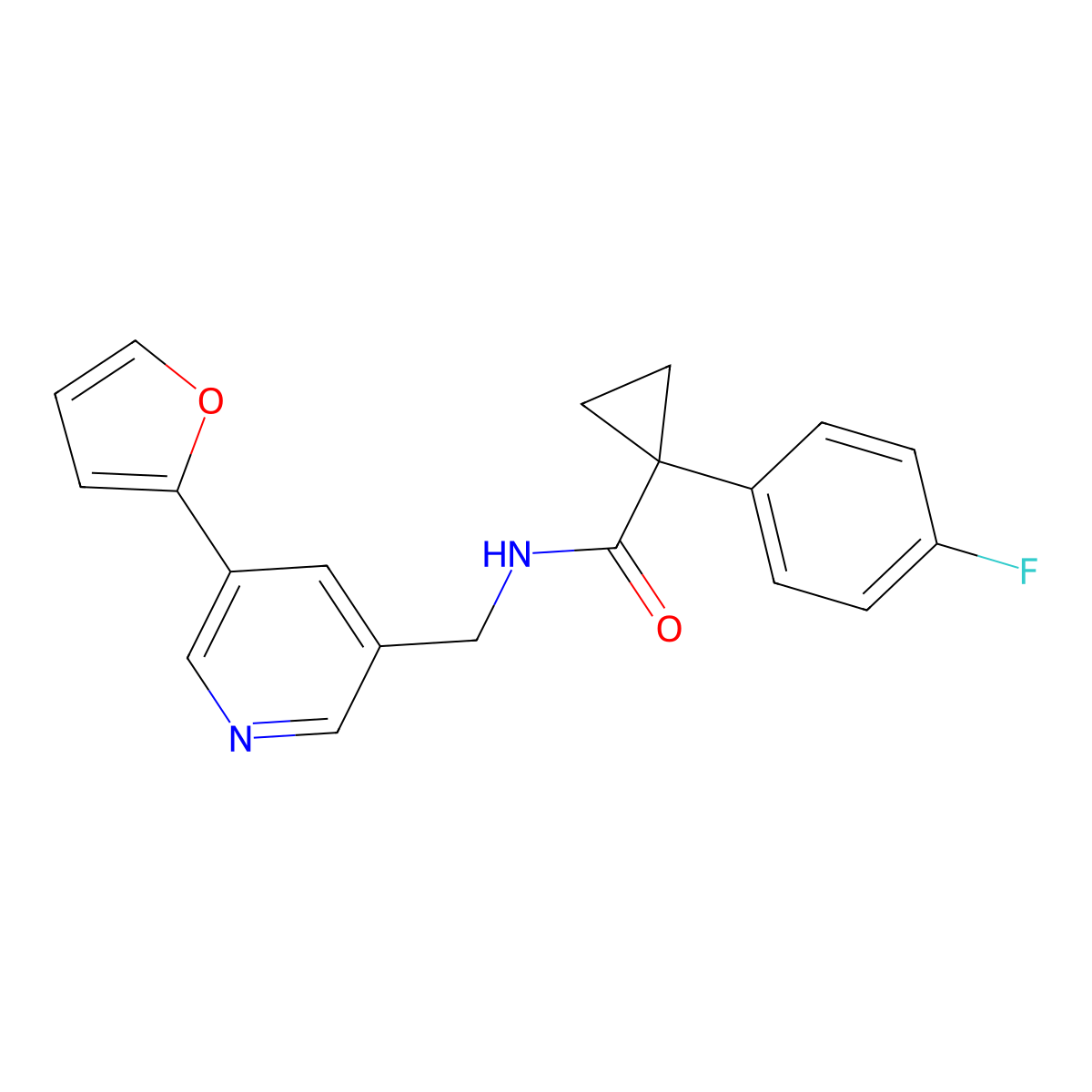1-(4-fluorophenyl)-N-((5-(furan-2-yl)pyridin-3-yl)methyl)cyclopropanecarboxamide molecular structure, CAS 2034613-05-1