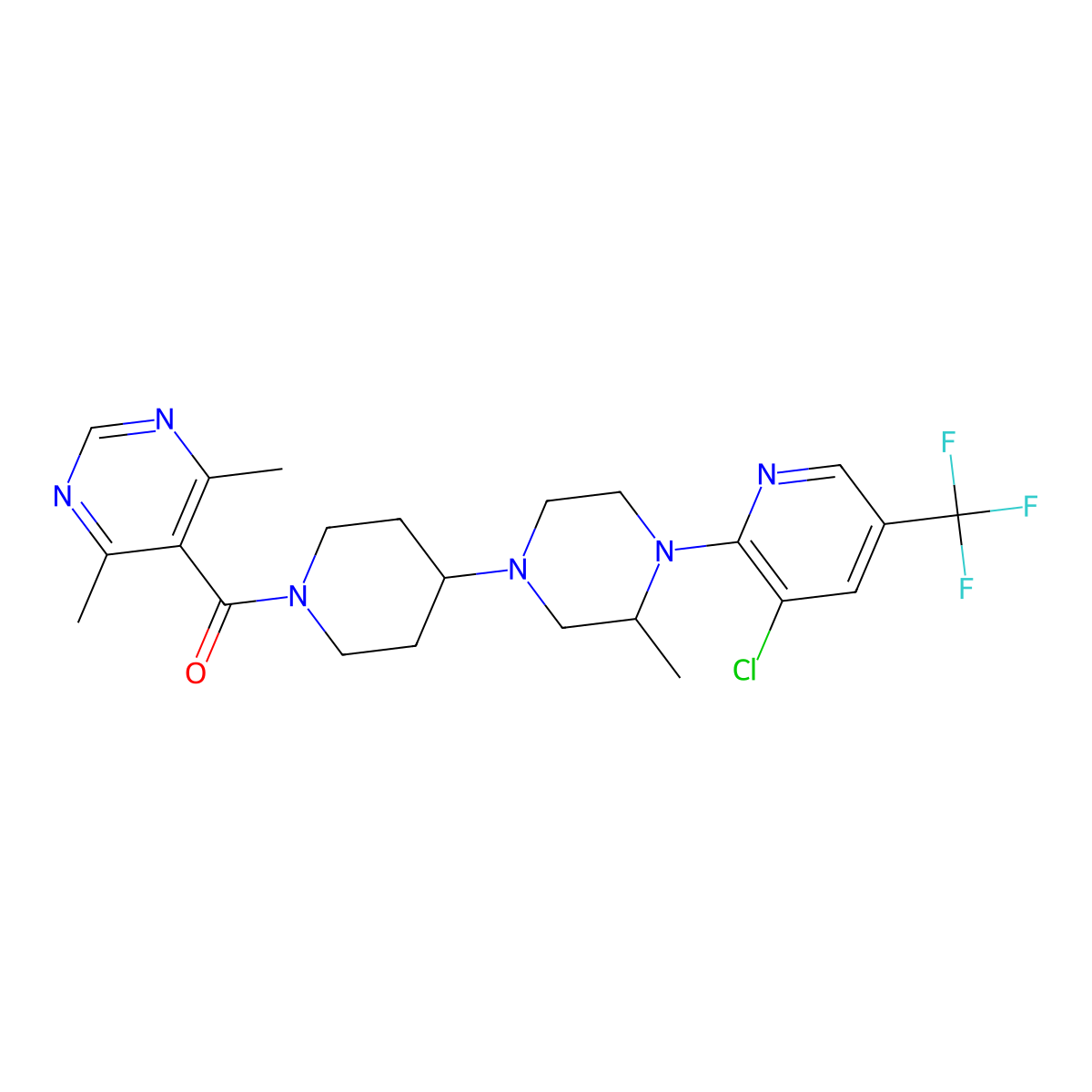 (4-(4-(3-Chloro-5-(trifluoromethyl)pyridin-2-yl)-3-methylpiperazin-1-yl)piperidin-1-yl)(4,6-dimethylpyrimidin-5-yl)methanone molecular structure, CAS 2034613-07-3