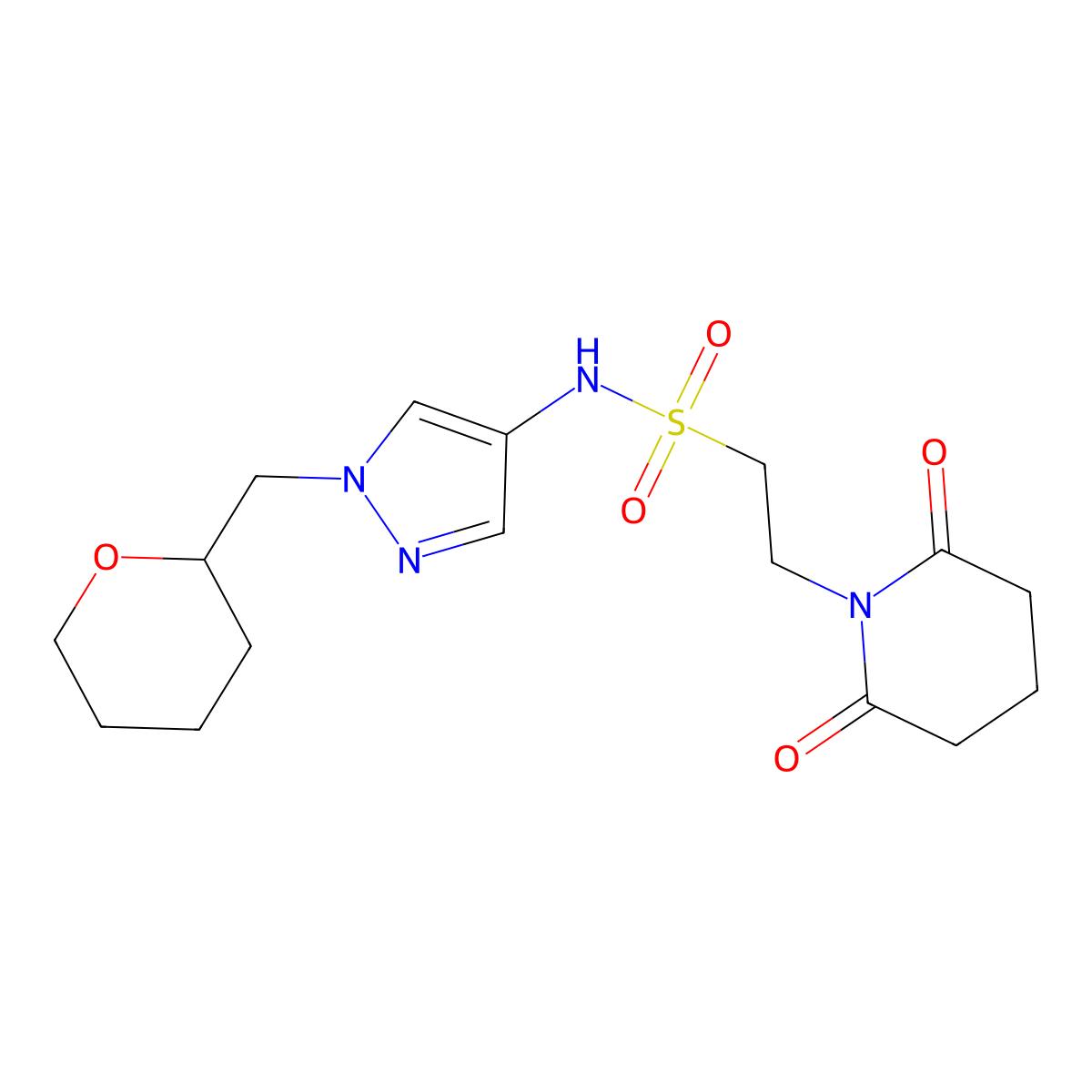 2-(2,6-dioxopiperidin-1-yl)-N-(1-((tetrahydro-2H-pyran-2-yl)methyl)-1H-pyrazol-4-yl)ethanesulfonamide molecular structure, CAS 2034613-08-4