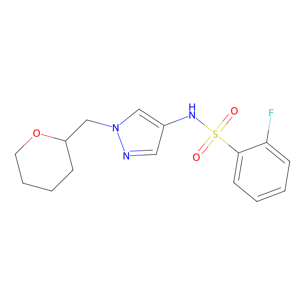 2-fluoro-N-(1-((tetrahydro-2H-pyran-2-yl)methyl)-1H-pyrazol-4-yl)benzenesulfonamide molecular structure, CAS 2034613-14-2