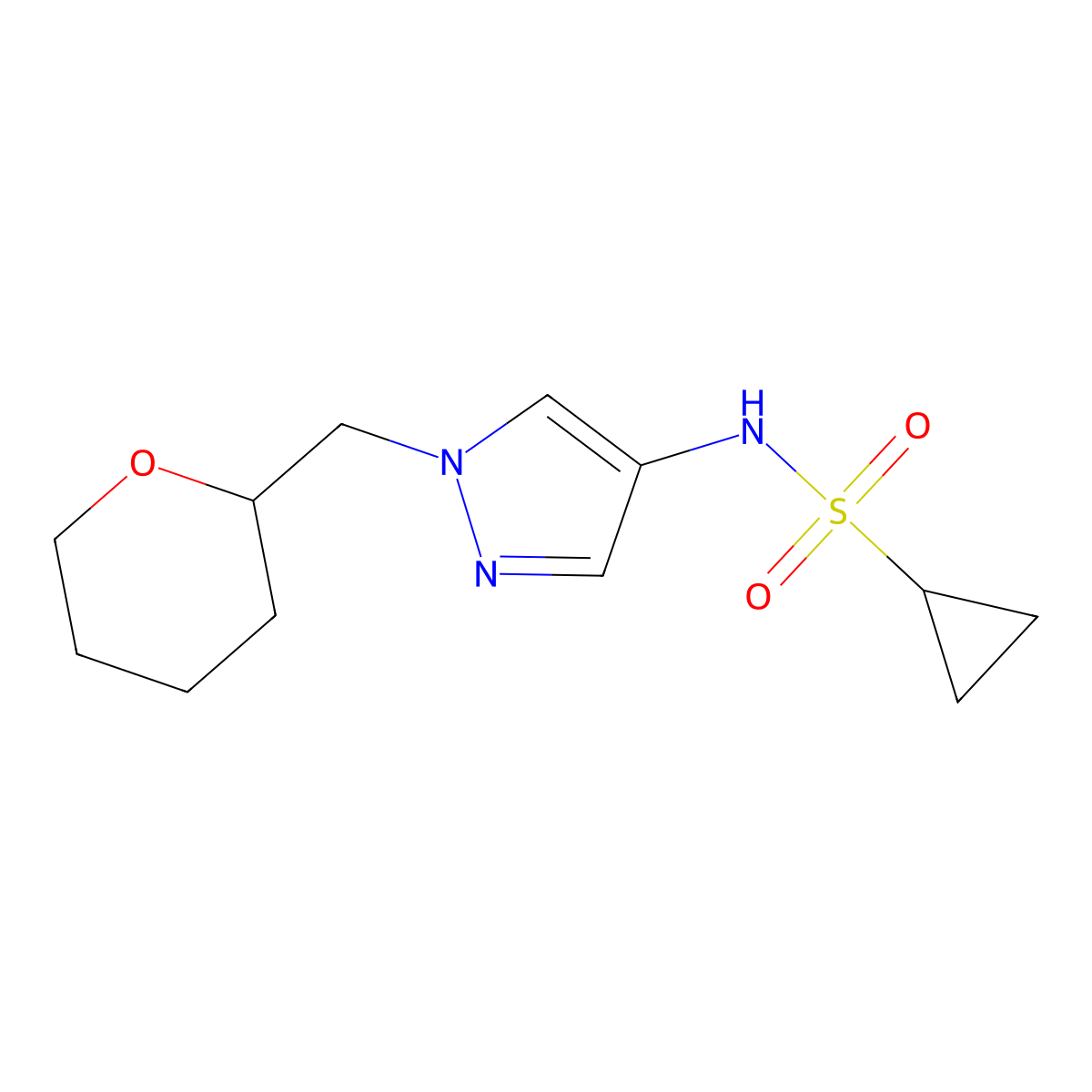 N-(1-((tetrahydro-2H-pyran-2-yl)methyl)-1H-pyrazol-4-yl)cyclopropanesulfonamide molecular structure, CAS 2034613-22-2
