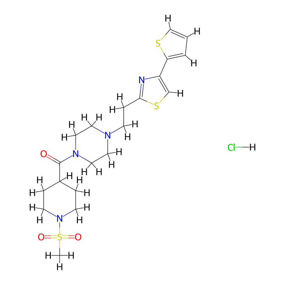 (1-(Methylsulfonyl)piperidin-4-yl)(4-(2-(4-(thiophen-2-yl)thiazol-2-yl)ethyl)piperazin-1-yl)methanone hydrochloride molecular structure, CAS 2034613-30-2