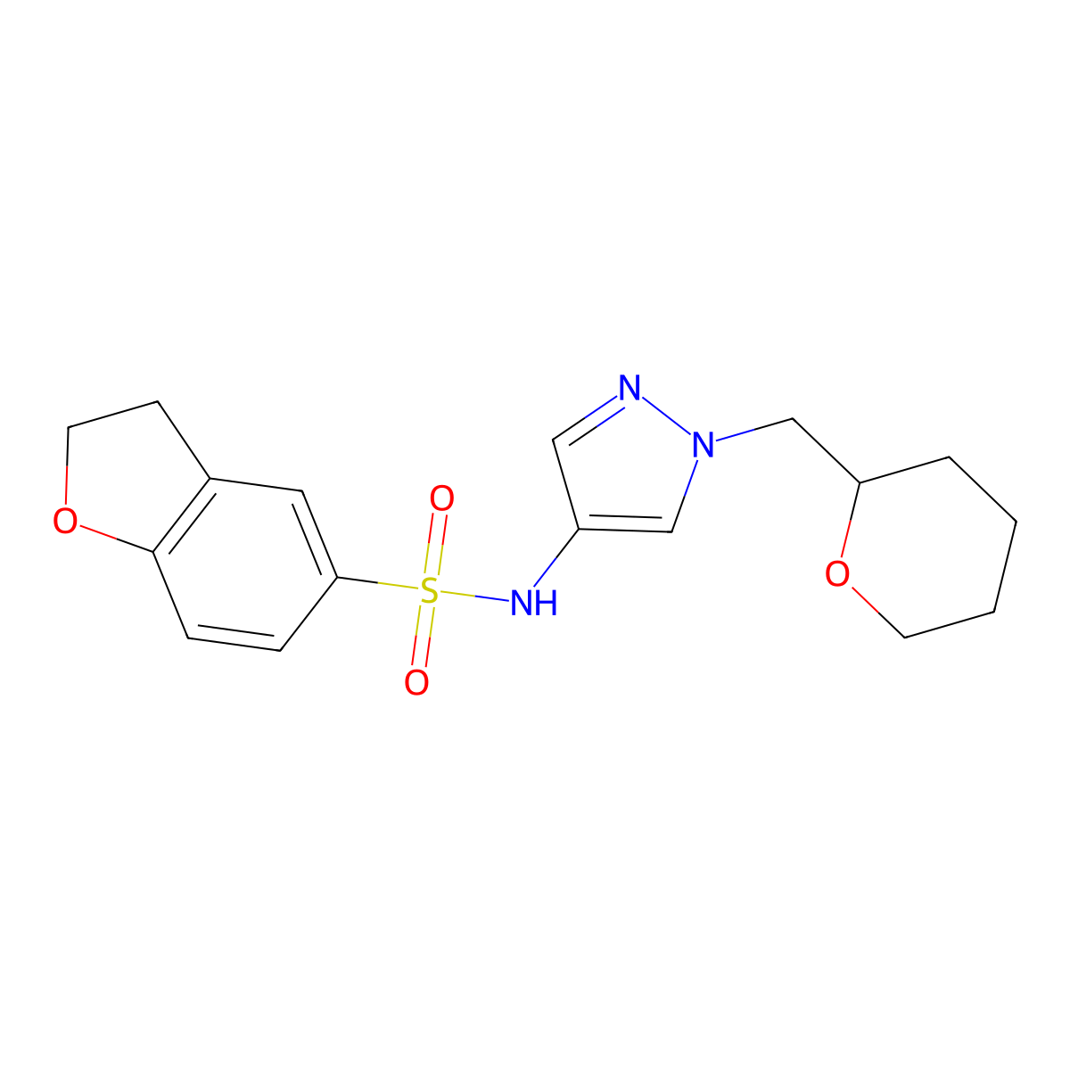 N-(1-((tetrahydro-2H-pyran-2-yl)methyl)-1H-pyrazol-4-yl)-2,3-dihydrobenzofuran-5-sulfonamide molecular structure, CAS 2034613-31-3