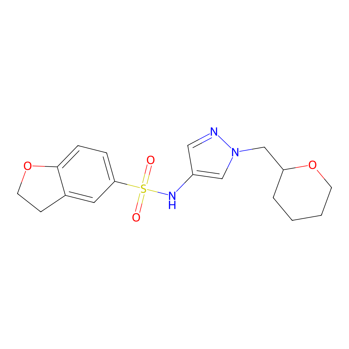 N-(1-((tetrahydro-2H-pyran-2-yl)methyl)-1H-pyrazol-4-yl)-2,3-dihydrobenzofuran-5-sulfonamide molecular structure, CAS 2034613-31-3