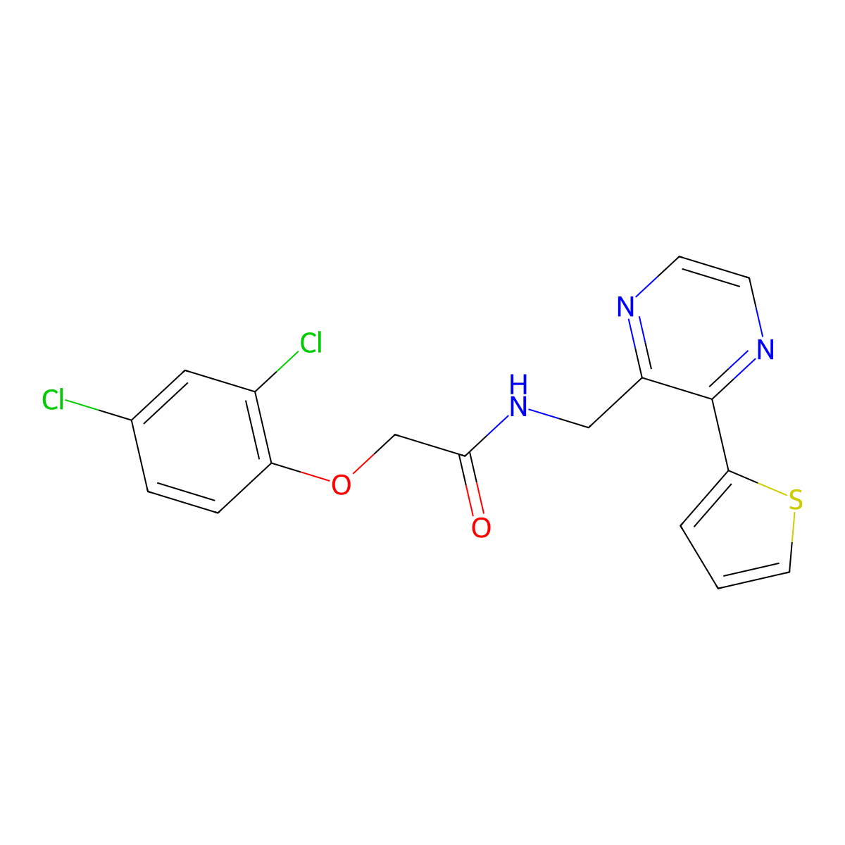 2-(2,4-dichlorophenoxy)-N-{[3-(thiophen-2-yl)pyrazin-2-yl]methyl}acetamide molecular structure, CAS 2034613-36-8