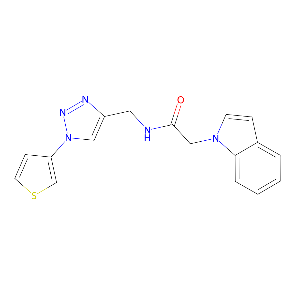 2-(1H-indol-1-yl)-N-((1-(thiophen-3-yl)-1H-1,2,3-triazol-4-yl)methyl)acetamide molecular structure, CAS 2034613-42-6