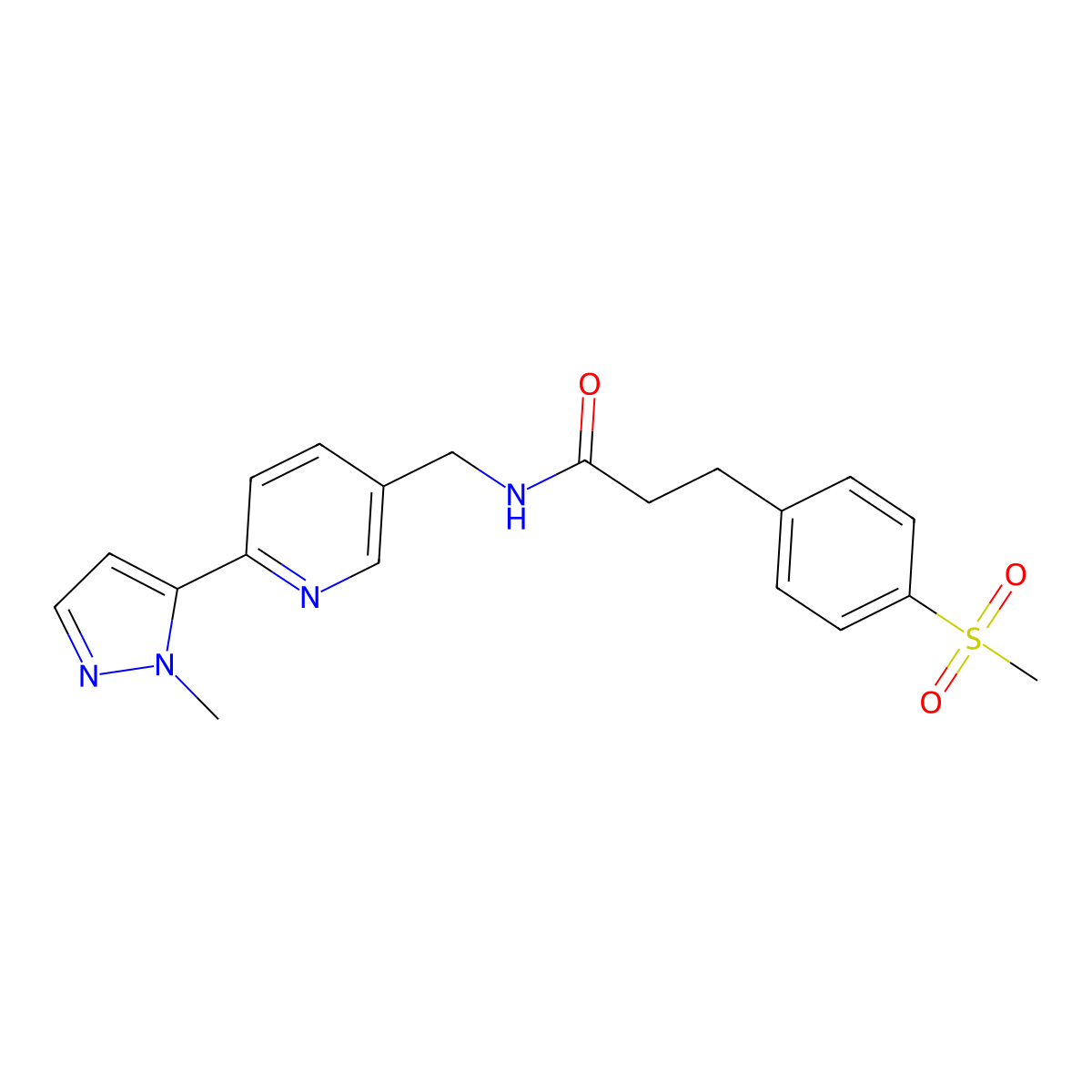 N-((6-(1-methyl-1H-pyrazol-5-yl)pyridin-3-yl)methyl)-3-(4-(methylsulfonyl)phenyl)propanamide molecular structure, CAS 2034613-49-3