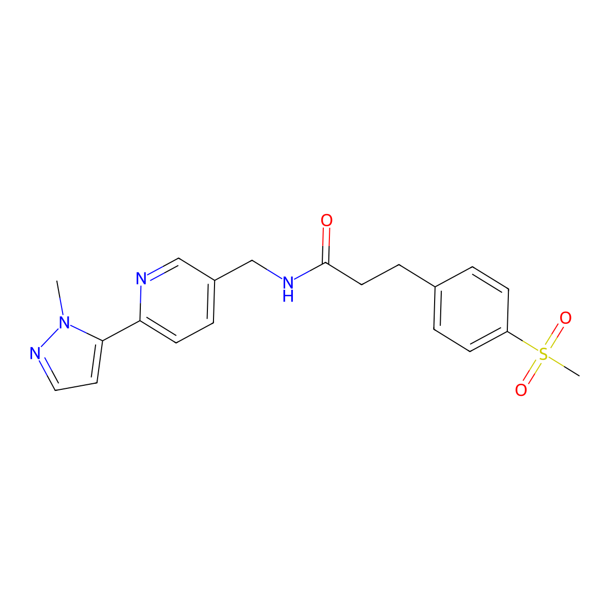 N-((6-(1-methyl-1H-pyrazol-5-yl)pyridin-3-yl)methyl)-3-(4-(methylsulfonyl)phenyl)propanamide molecular structure, CAS 2034613-49-3
