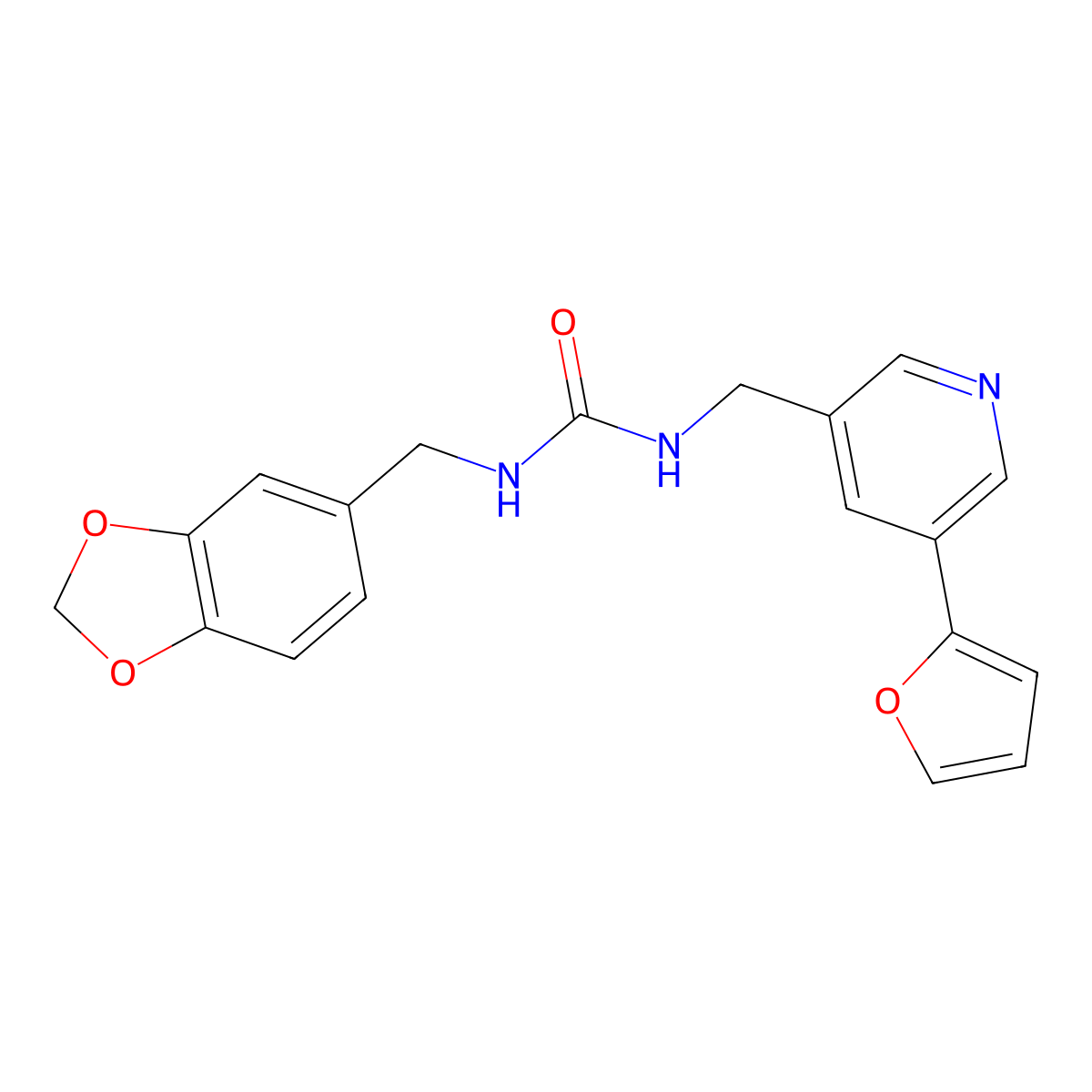 1-(Benzo[d][1,3]dioxol-5-ylmethyl)-3-((5-(furan-2-yl)pyridin-3-yl)methyl)urea molecular structure, CAS 2034613-50-6